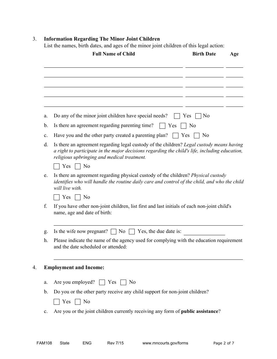 Form FAM108 Parenting / Financial Disclosure Statement - Minnesota, Page 2