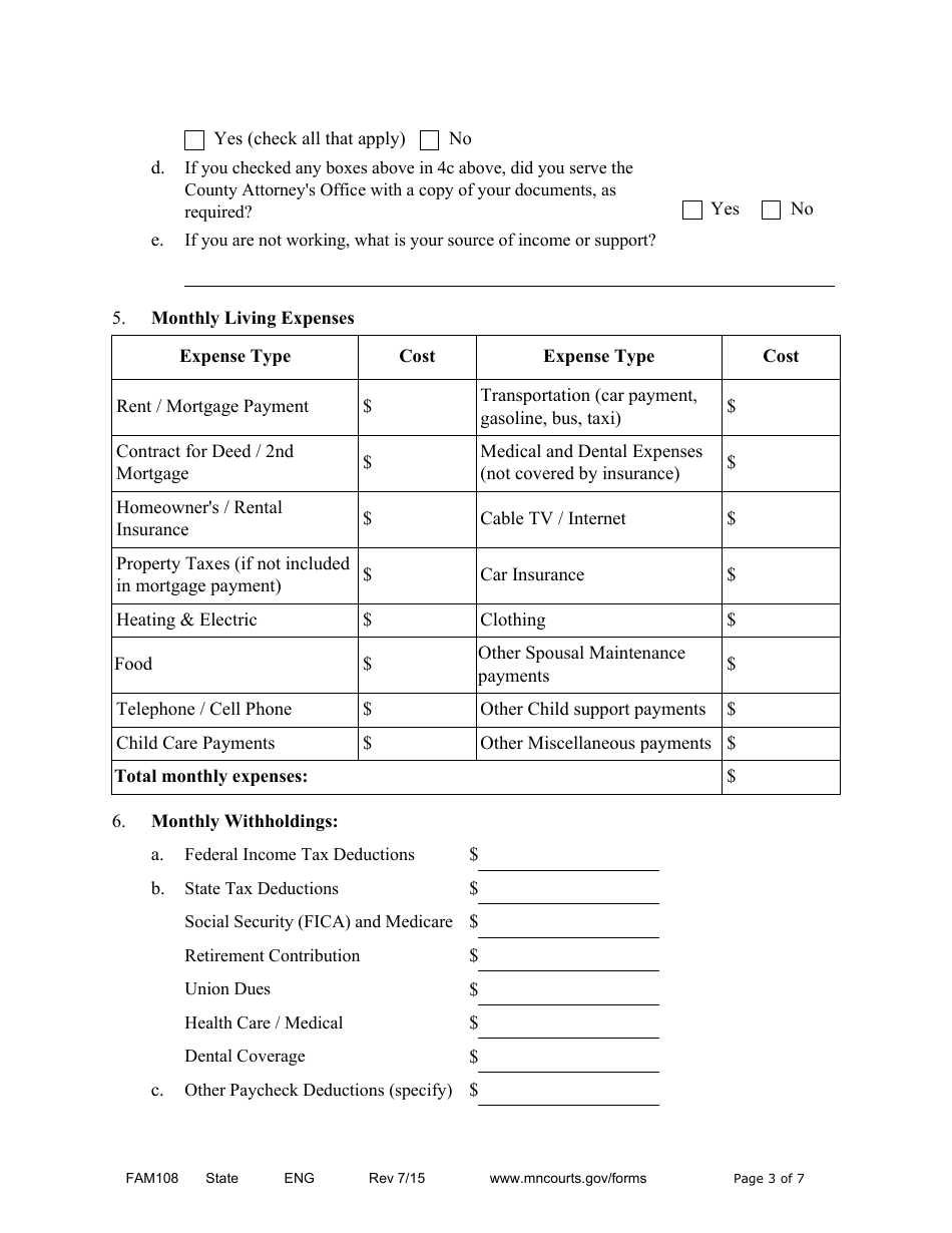 Form FAM108 Parenting / Financial Disclosure Statement - Minnesota, Page 3