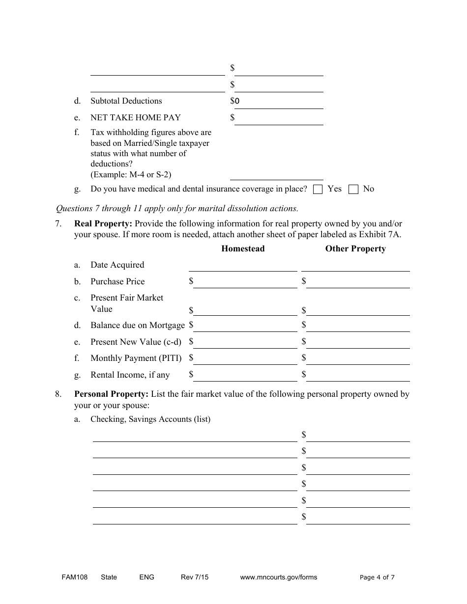 Form FAM108 Parenting / Financial Disclosure Statement - Minnesota, Page 4