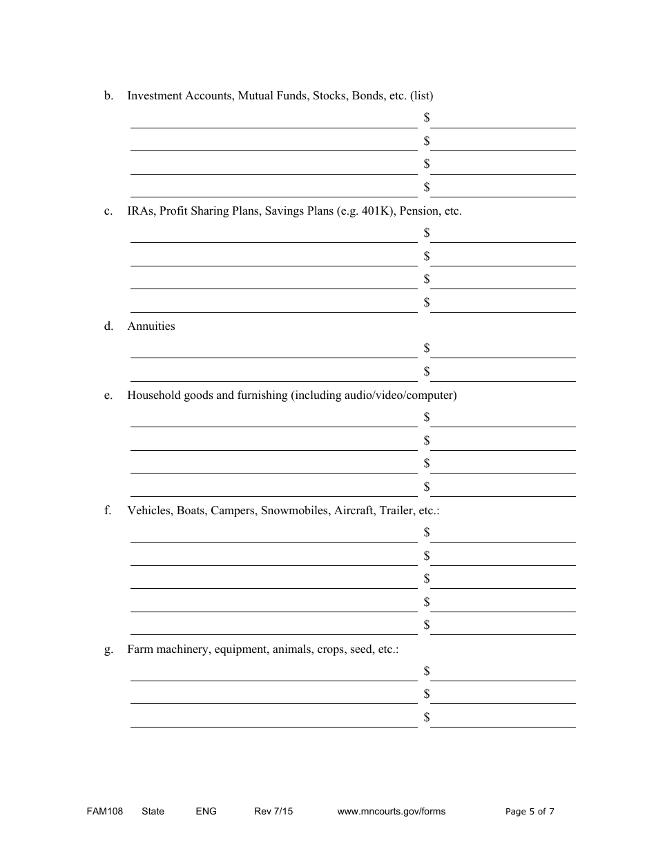 Form FAM108 Parenting / Financial Disclosure Statement - Minnesota, Page 5