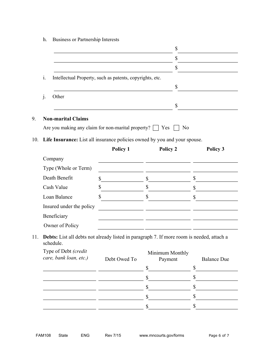 Form FAM108 Parenting / Financial Disclosure Statement - Minnesota, Page 6