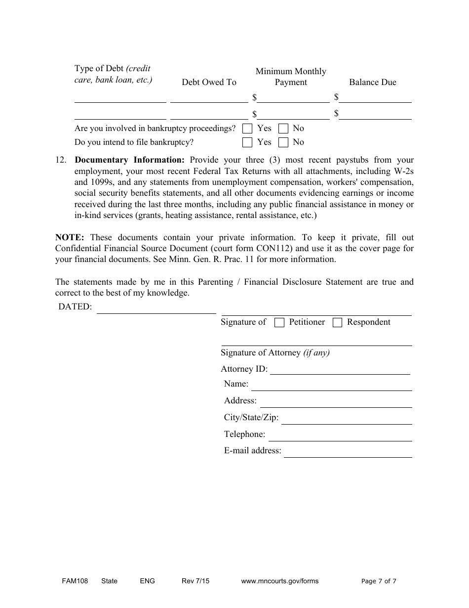 Form FAM108 Parenting / Financial Disclosure Statement - Minnesota, Page 7