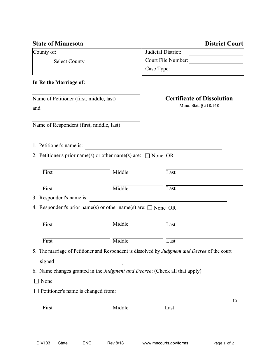 Form DIV103 Certificate of Dissolution - Minnesota, Page 1