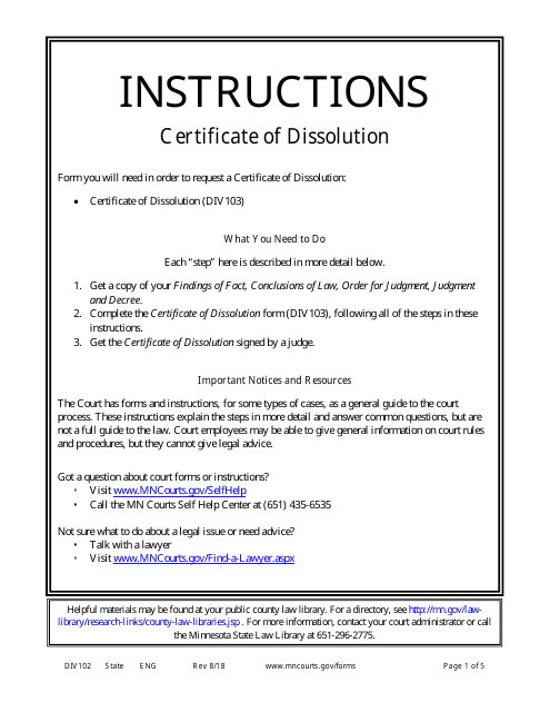 Instructions for Form DIV103 Certificate of Dissolution - Minnesota