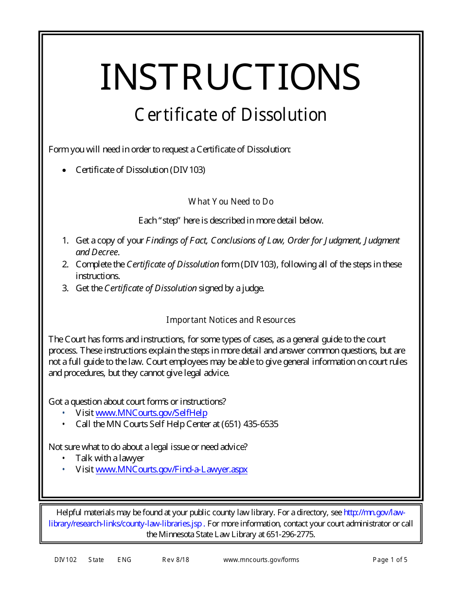 Instructions for Form DIV103 Certificate of Dissolution - Minnesota, Page 1