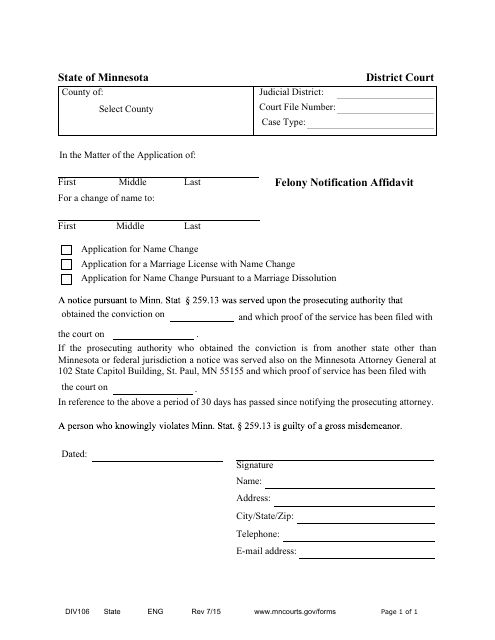 Form DIV106 Felony Notification Affidavit - Minnesota