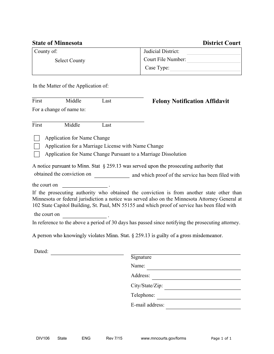 Form DIV106 Felony Notification Affidavit - Minnesota, Page 1