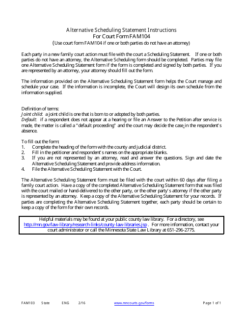Instructions for Form FAM104 Alternative Scheduling Statement - Minnesota