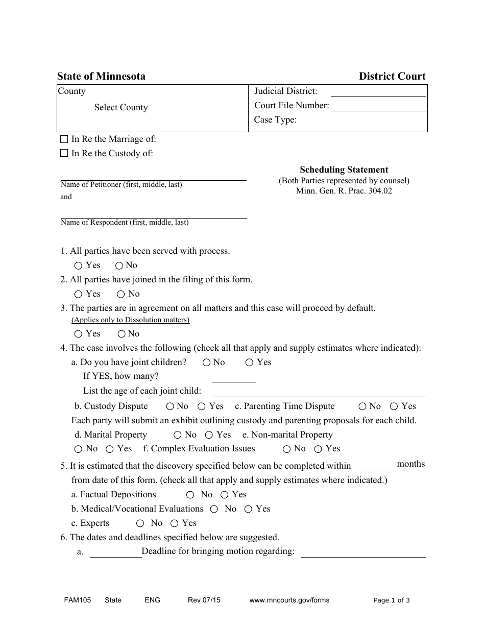 Form FAM105 Scheduling Statement - Minnesota, Page 1