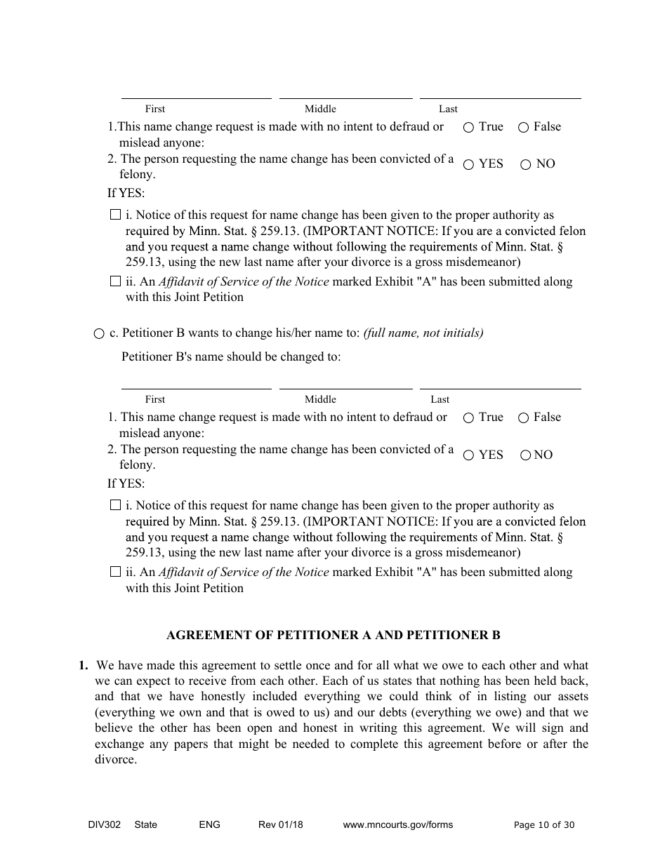 Form DIV302 Joint Petition, Agreement, and Judgment and Decree for Marriage Dissolution Without Children - Minnesota, Page 10
