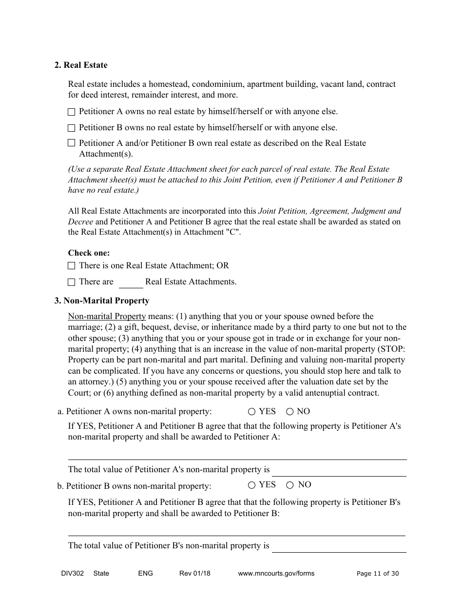 Form DIV302 Joint Petition, Agreement, and Judgment and Decree for Marriage Dissolution Without Children - Minnesota, Page 11