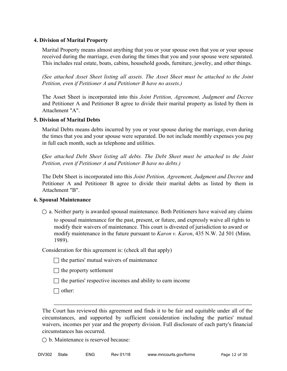 Form DIV302 Joint Petition, Agreement, and Judgment and Decree for Marriage Dissolution Without Children - Minnesota, Page 12