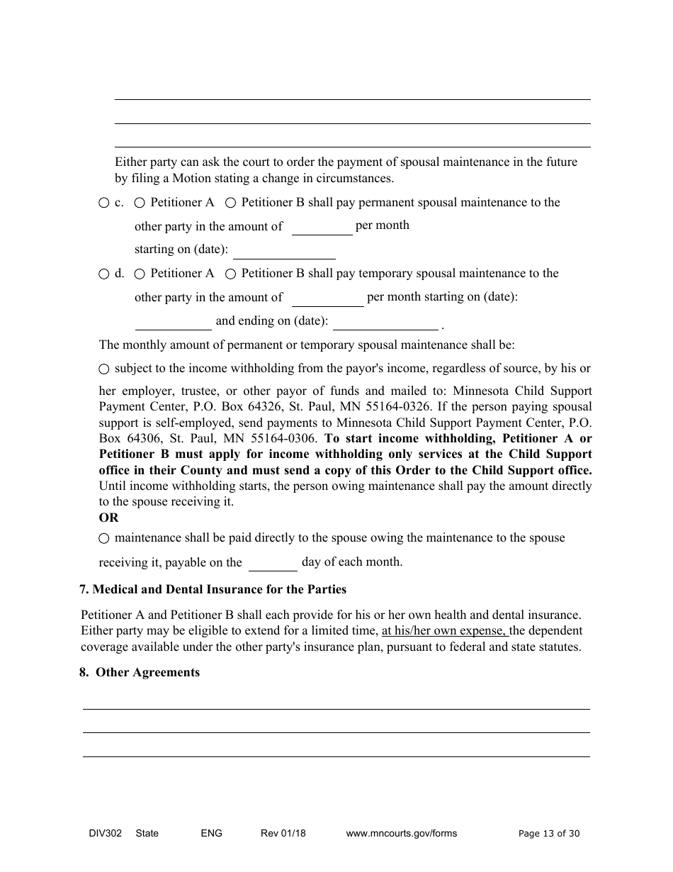 Form DIV302 Joint Petition, Agreement, and Judgment and Decree for Marriage Dissolution Without Children - Minnesota, Page 13