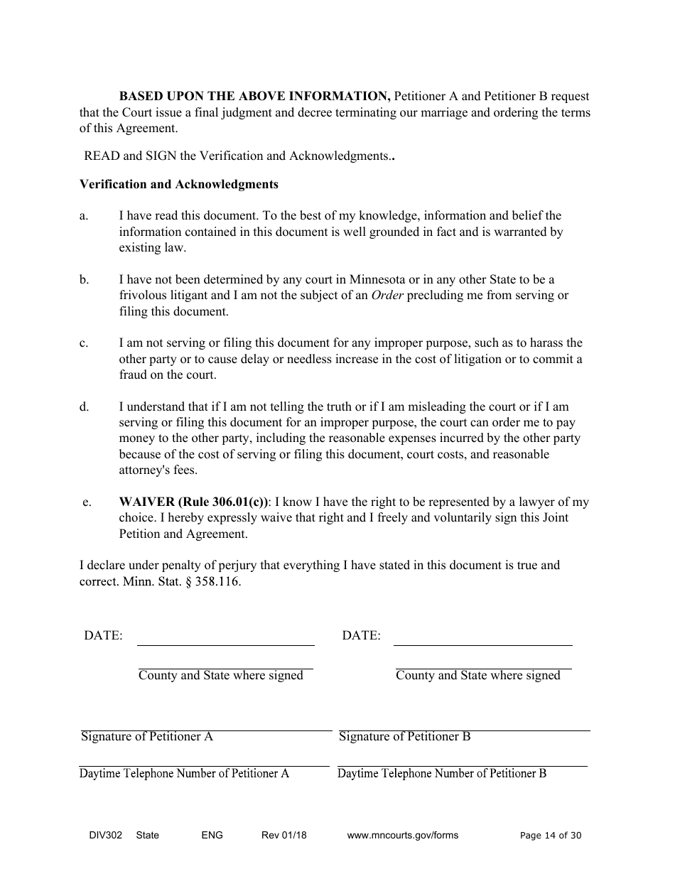 Form DIV302 Joint Petition, Agreement, and Judgment and Decree for Marriage Dissolution Without Children - Minnesota, Page 14