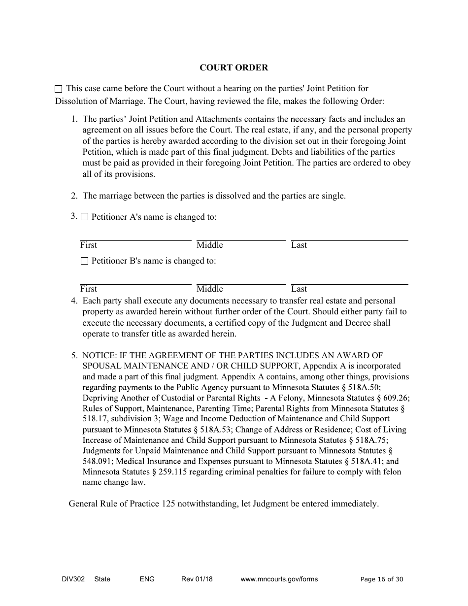 Form DIV302 Joint Petition, Agreement, and Judgment and Decree for Marriage Dissolution Without Children - Minnesota, Page 16