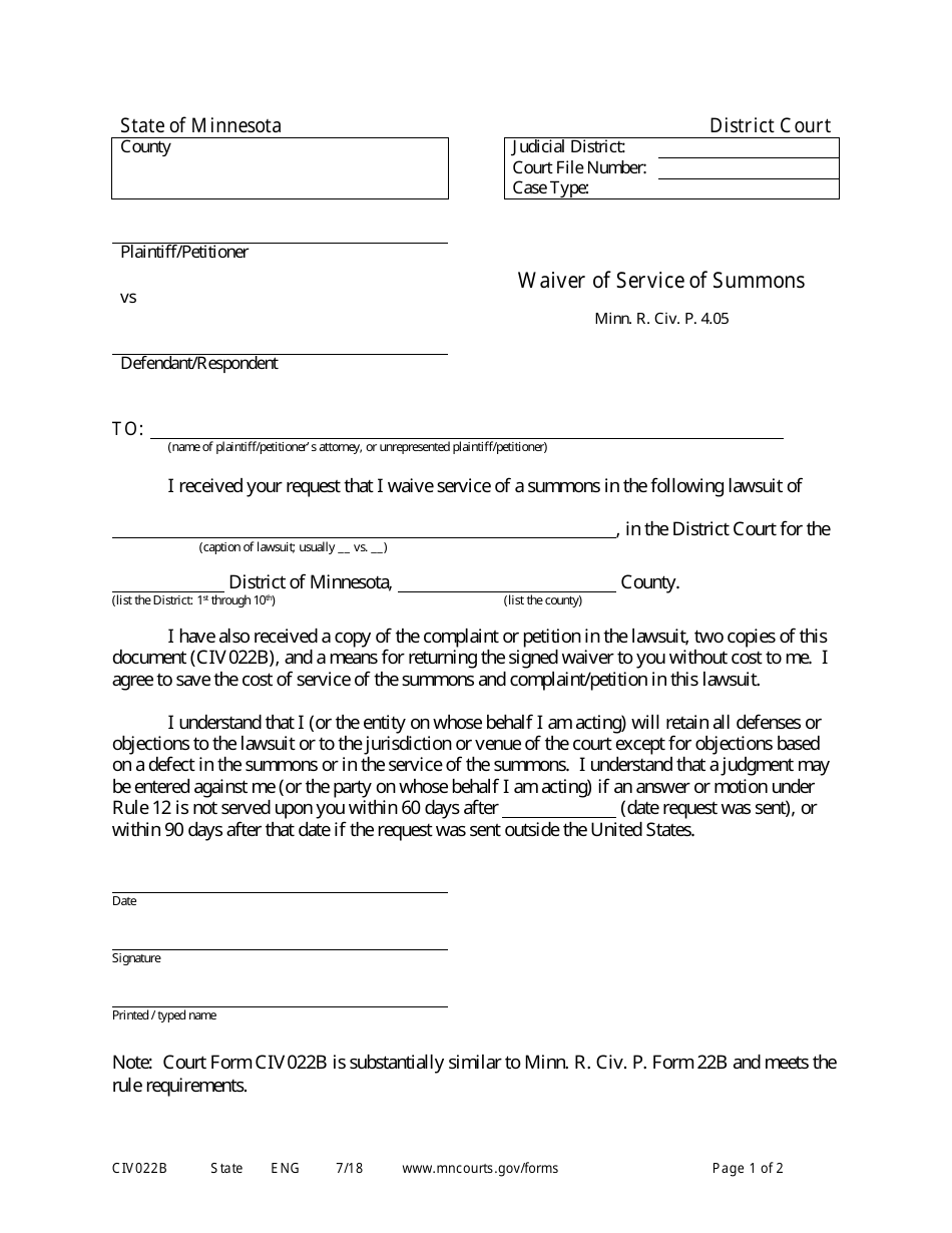 Form CIV022B Waiver of Service of Summons - Minnesota, Page 1