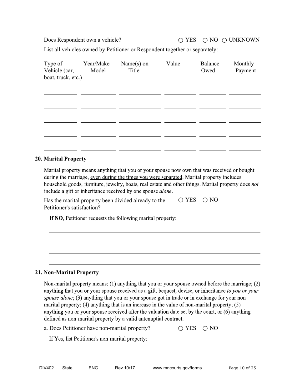 Form DIV402 Petition for Dissolution of Marriage Without Children - Minnesota, Page 10