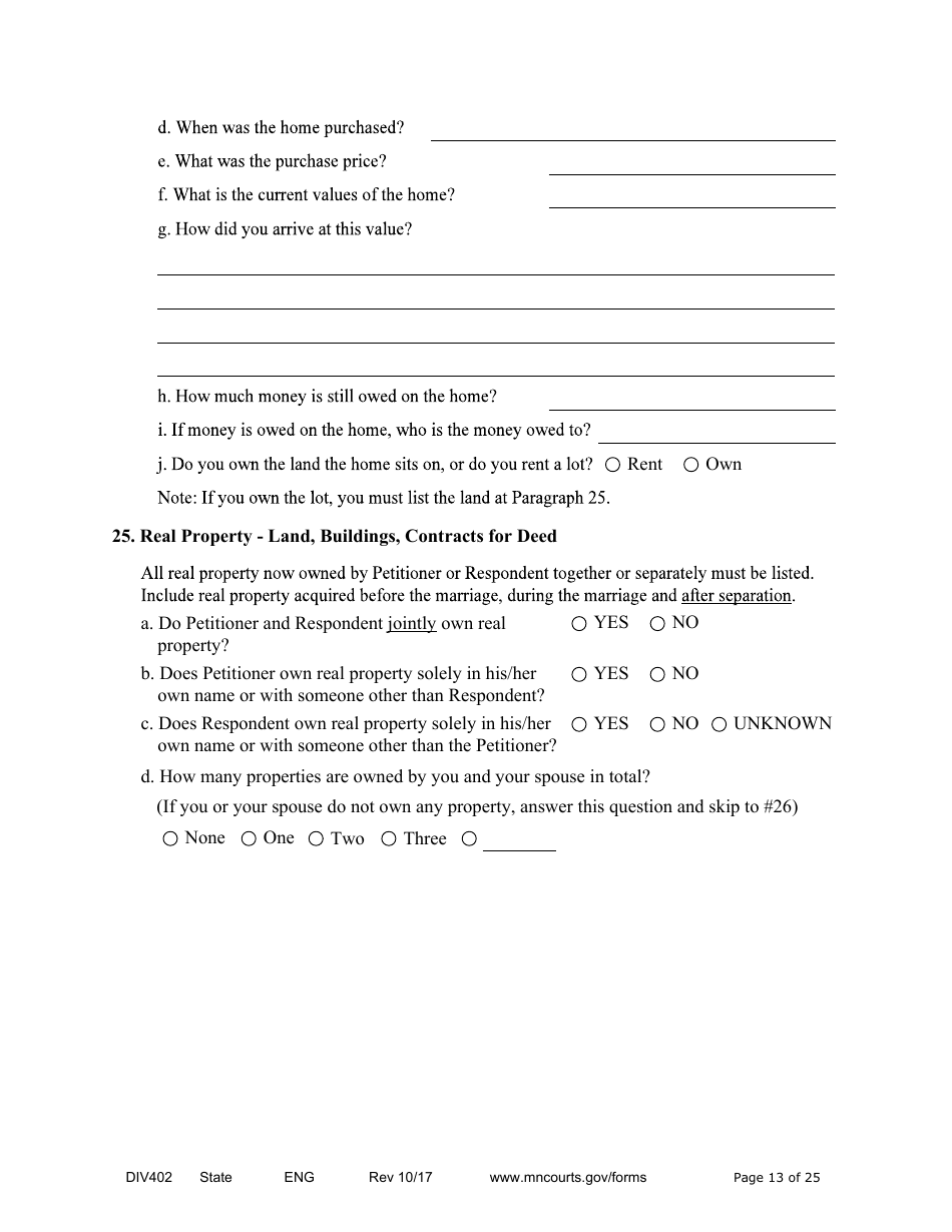 Form DIV402 Petition for Dissolution of Marriage Without Children - Minnesota, Page 13