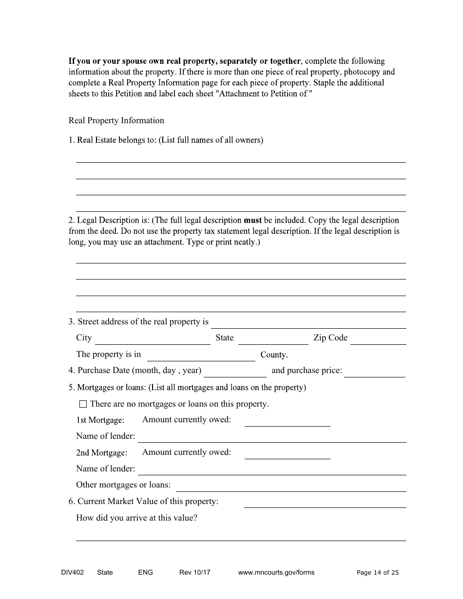 Form DIV402 Petition for Dissolution of Marriage Without Children - Minnesota, Page 14