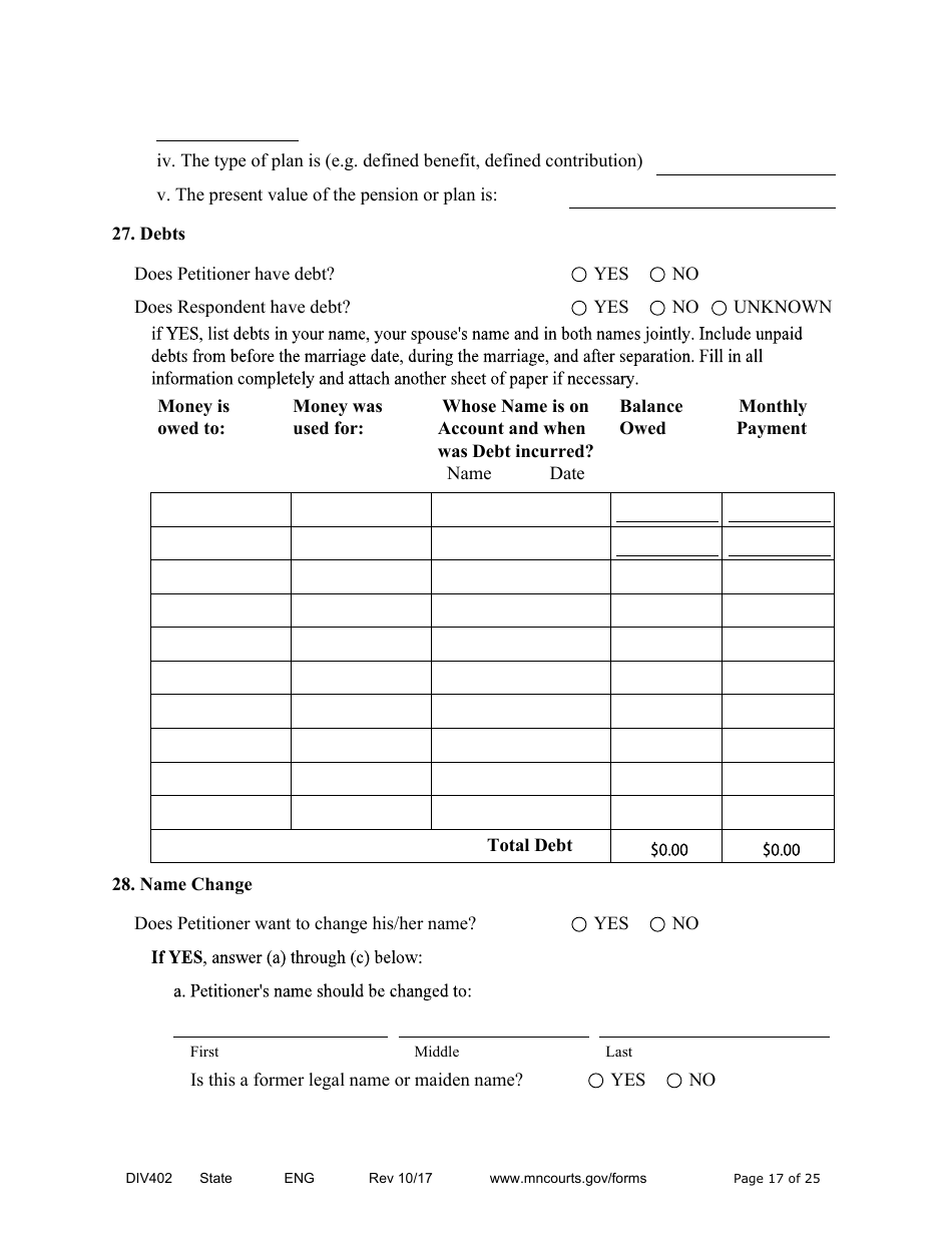 Form DIV402 Petition for Dissolution of Marriage Without Children - Minnesota, Page 17