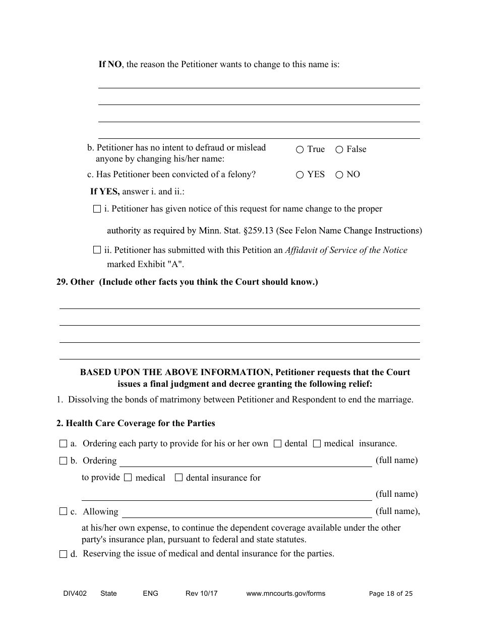 Form DIV402 Petition for Dissolution of Marriage Without Children - Minnesota, Page 18