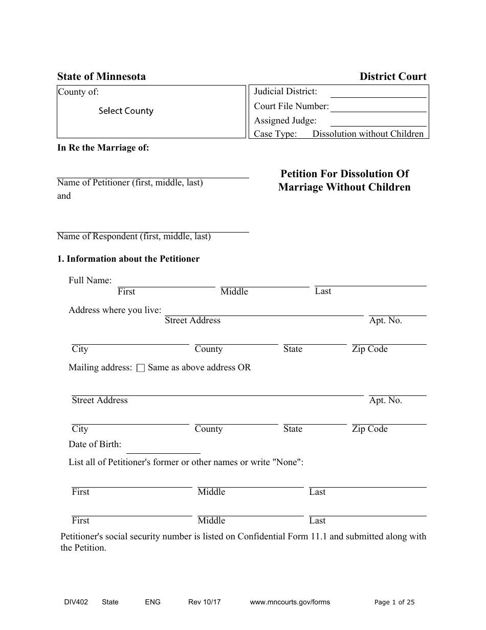 Form DIV402 Petition for Dissolution of Marriage Without Children - Minnesota, Page 1