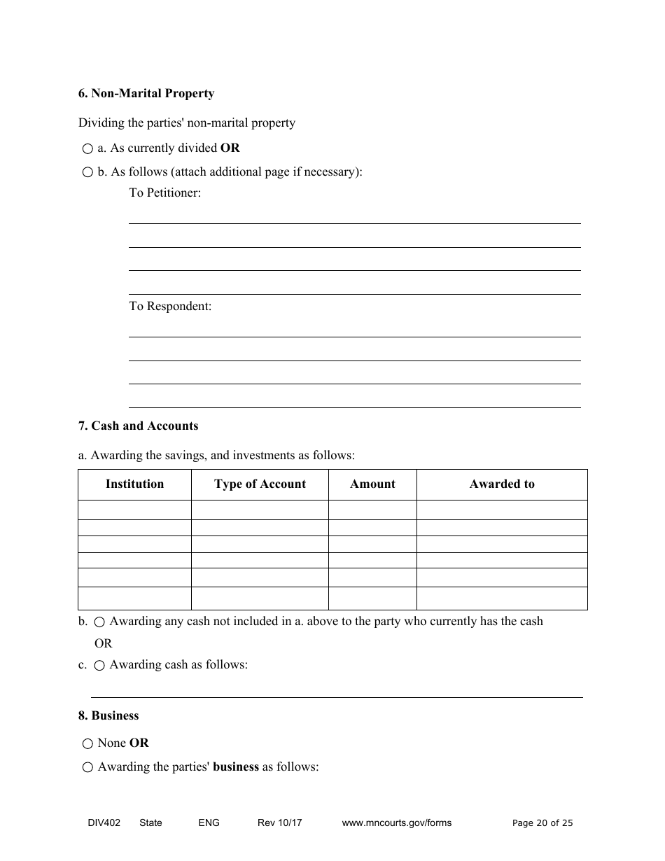 Form DIV402 Petition for Dissolution of Marriage Without Children - Minnesota, Page 20