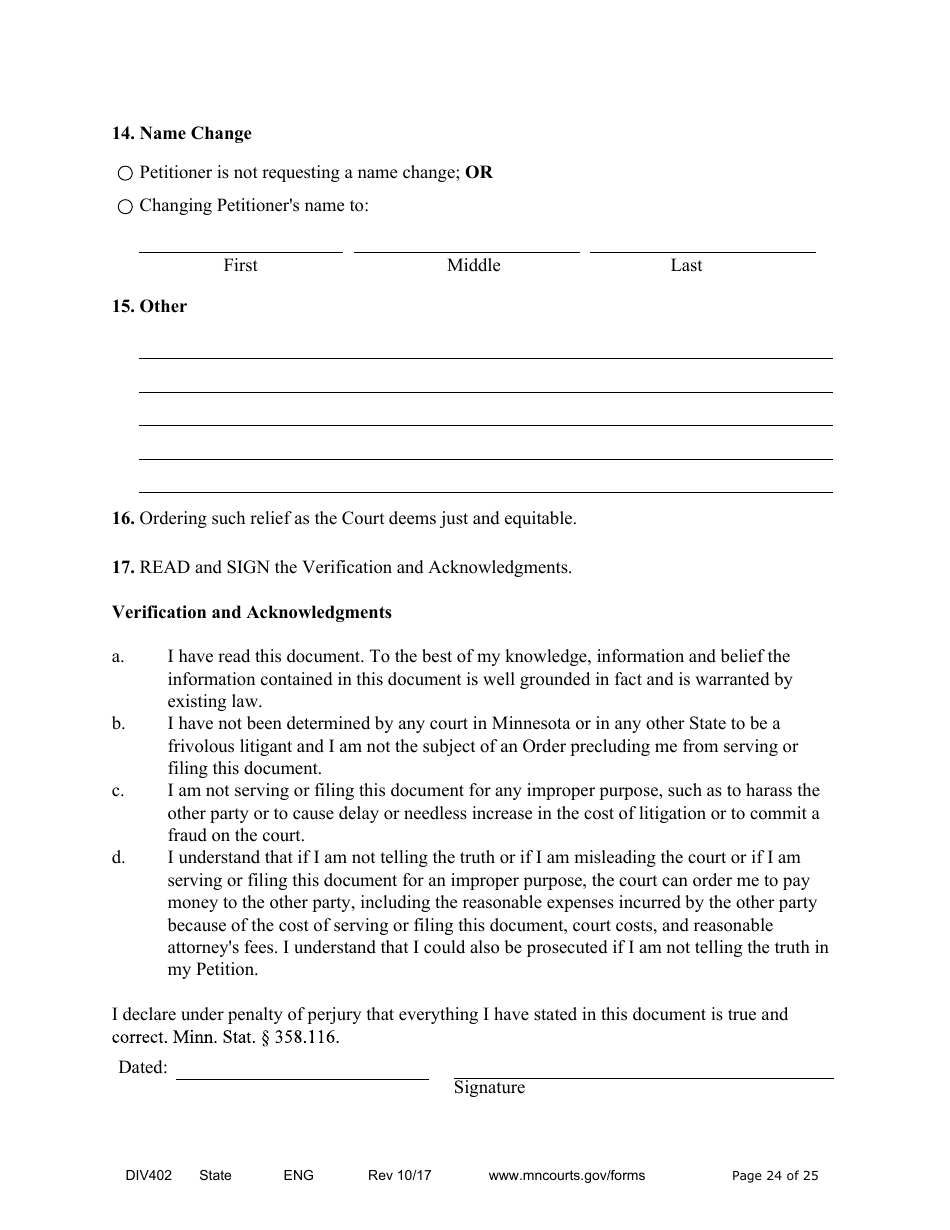 Form DIV402 Petition for Dissolution of Marriage Without Children - Minnesota, Page 24