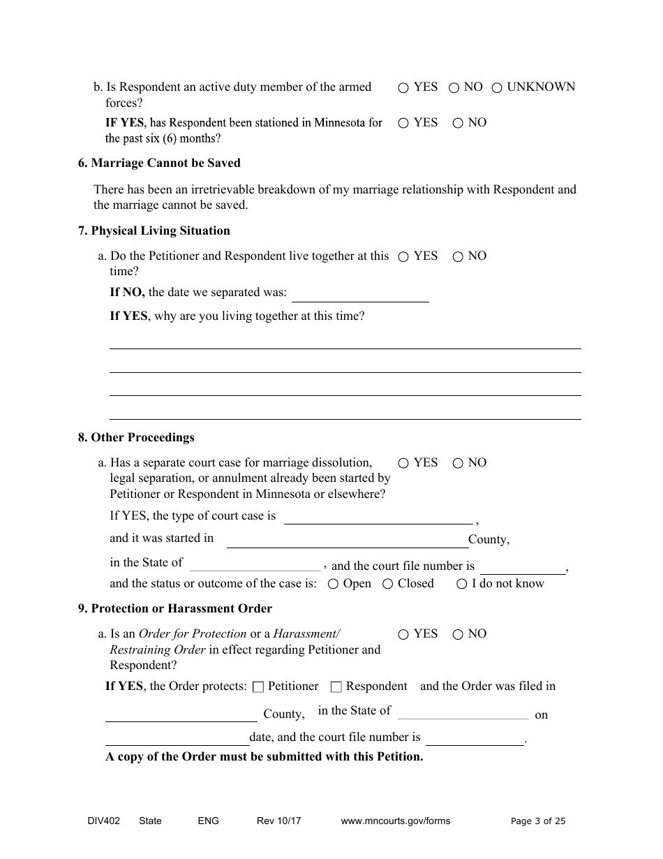 Form DIV402 Petition for Dissolution of Marriage Without Children - Minnesota, Page 3