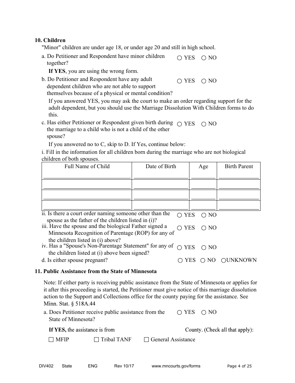 Form DIV402 Petition for Dissolution of Marriage Without Children - Minnesota, Page 4