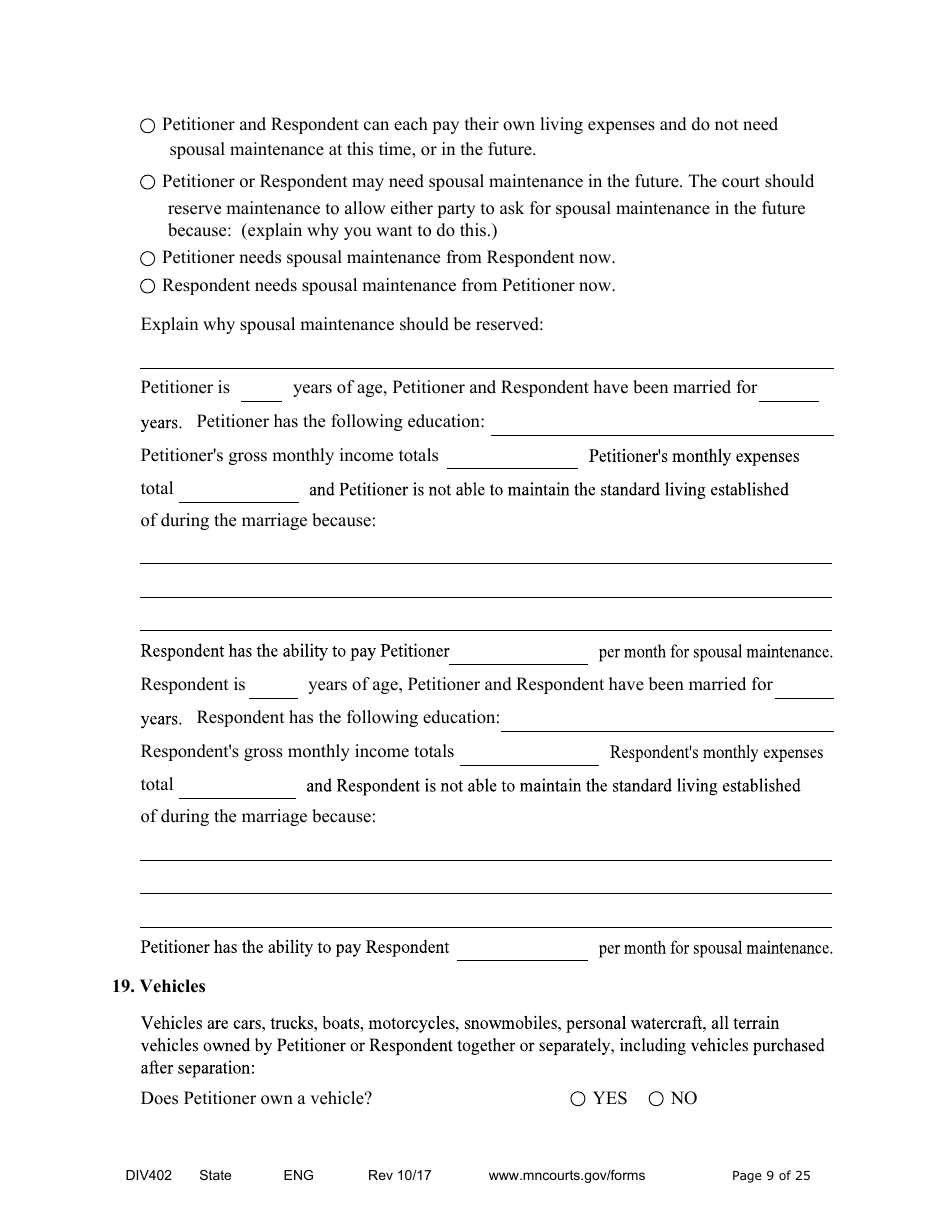 Form DIV402 Petition for Dissolution of Marriage Without Children - Minnesota, Page 9