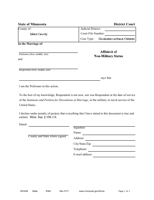 Form DIV408 Affidavit of Non-military Status - Minnesota