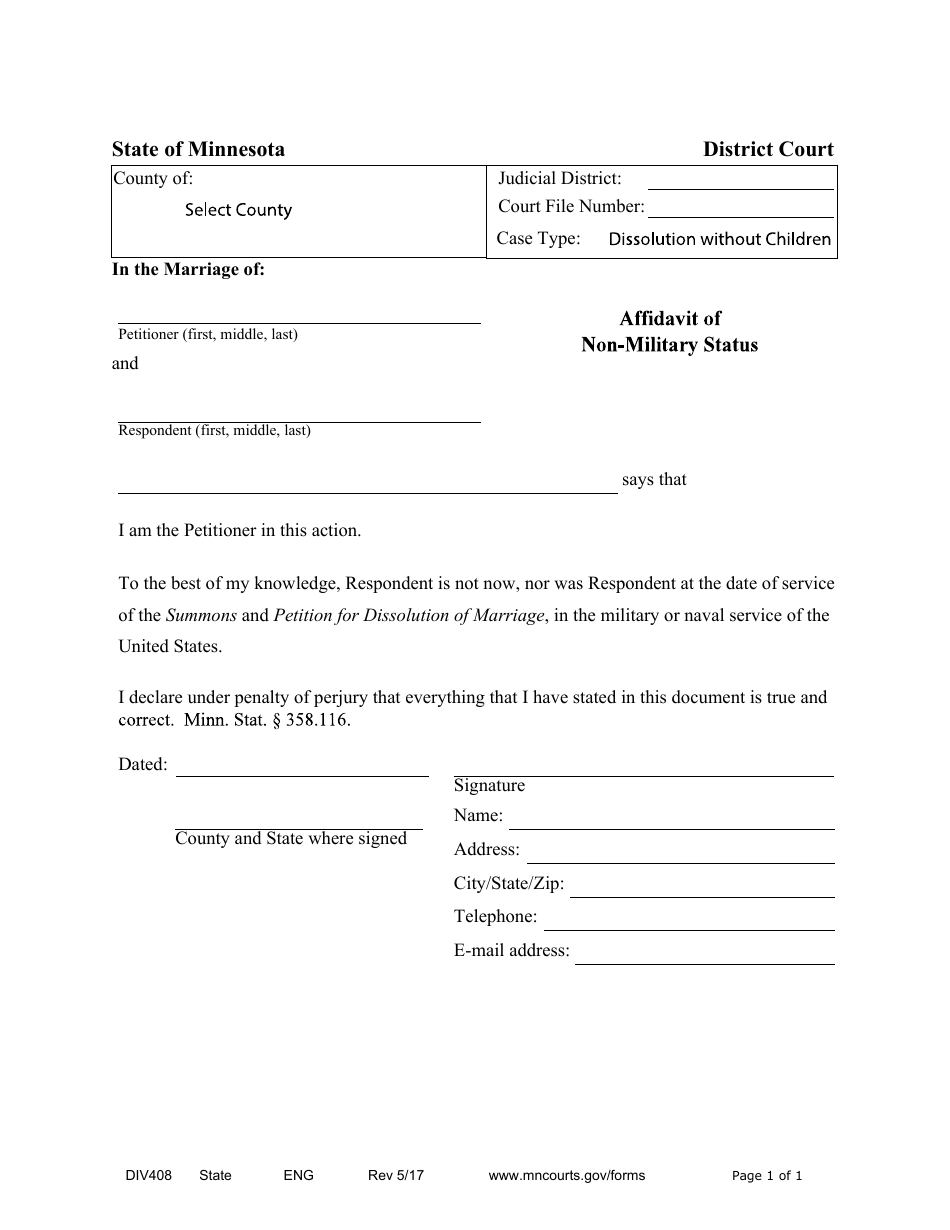 Form DIV408 Affidavit of Non-military Status - Minnesota, Page 1