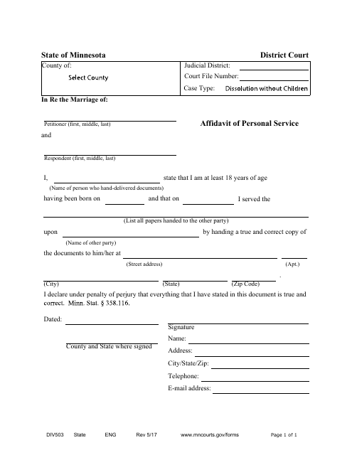 Form DIV503 Affidavit of Personal Service - Minnesota