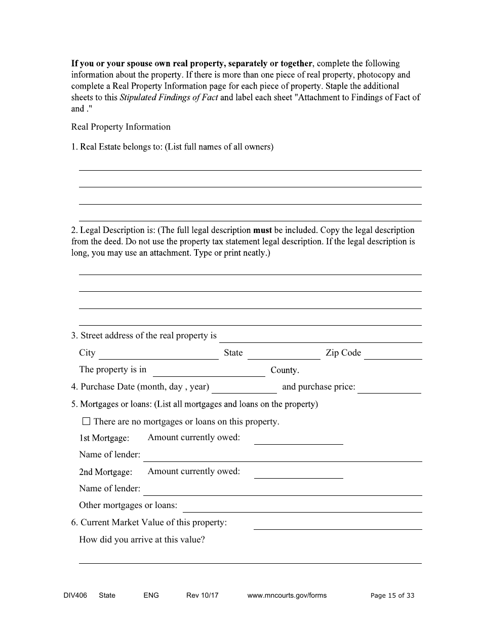 Form DIV406 Stipulated Findings of Fact, Conclusions of Law, Order for Judgment, Judgment and Decree - Minnesota, Page 15