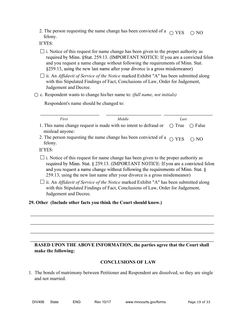 Form DIV406 Stipulated Findings of Fact, Conclusions of Law, Order for Judgment, Judgment and Decree - Minnesota, Page 19