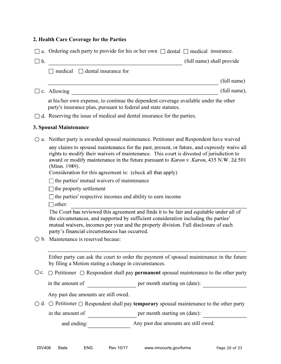 Form DIV406 Stipulated Findings of Fact, Conclusions of Law, Order for Judgment, Judgment and Decree - Minnesota, Page 20