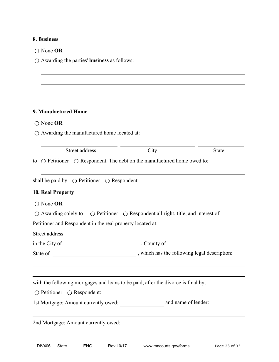 Form DIV406 Stipulated Findings of Fact, Conclusions of Law, Order for Judgment, Judgment and Decree - Minnesota, Page 23