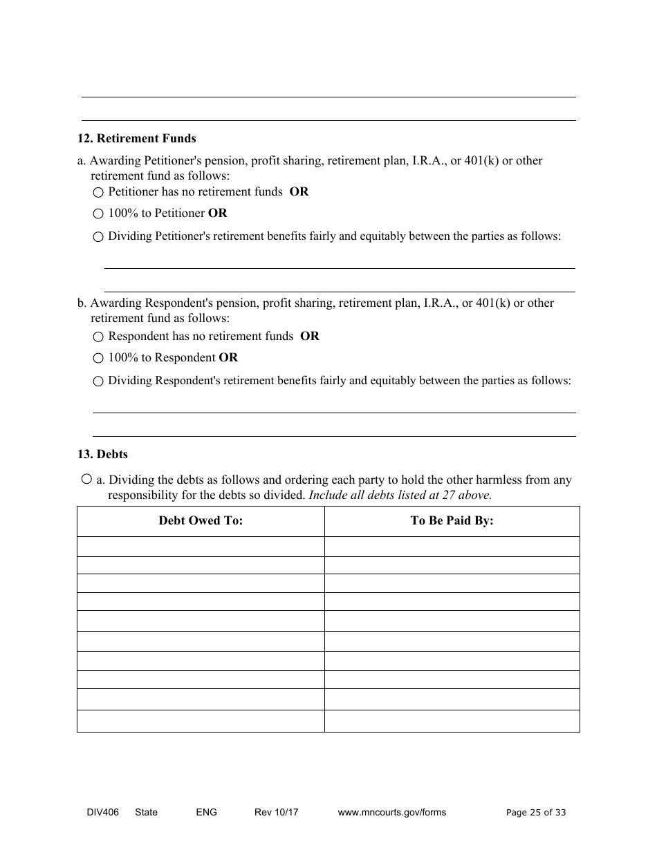 Form DIV406 Stipulated Findings of Fact, Conclusions of Law, Order for Judgment, Judgment and Decree - Minnesota, Page 25