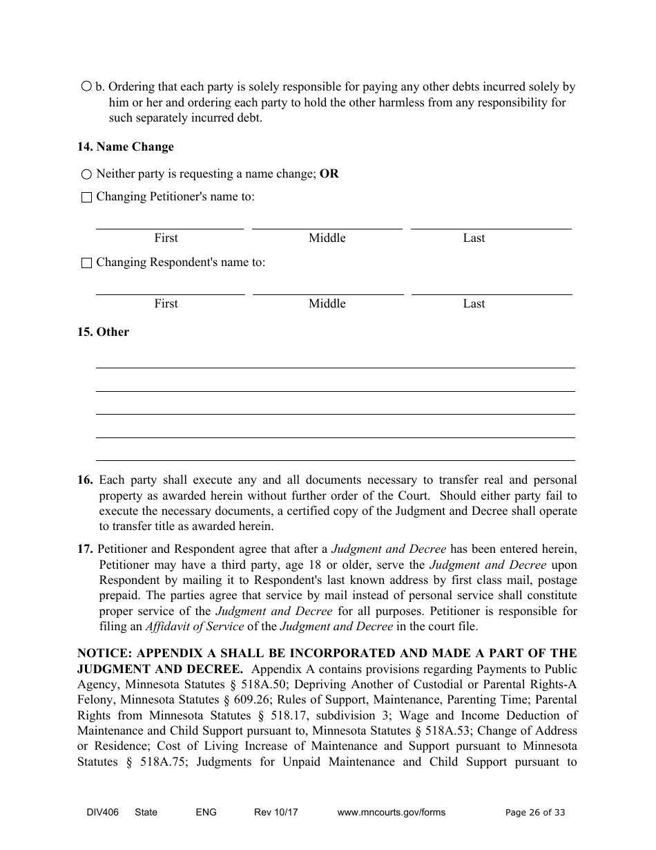 Form DIV406 Stipulated Findings of Fact, Conclusions of Law, Order for Judgment, Judgment and Decree - Minnesota, Page 26