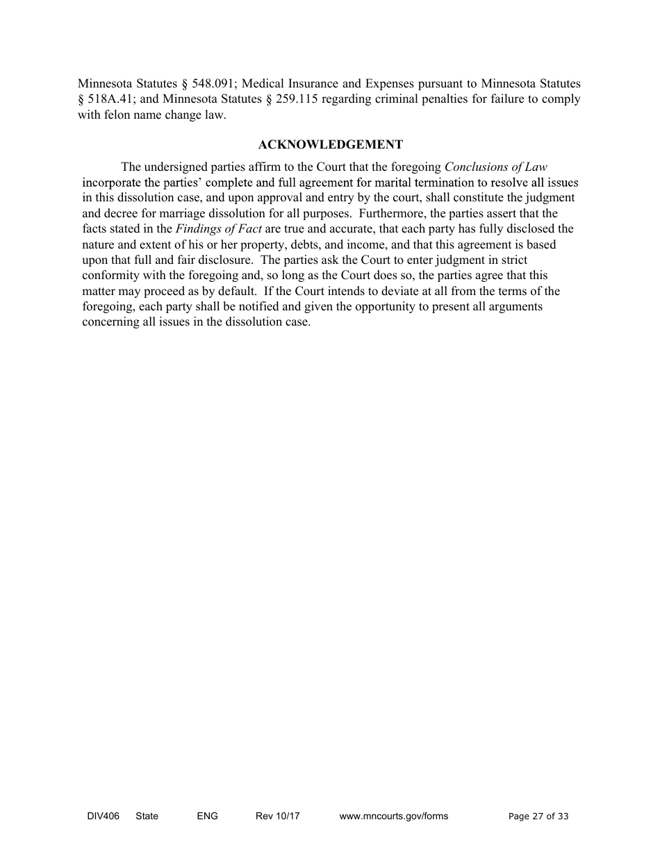 Form DIV406 Stipulated Findings of Fact, Conclusions of Law, Order for Judgment, Judgment and Decree - Minnesota, Page 27