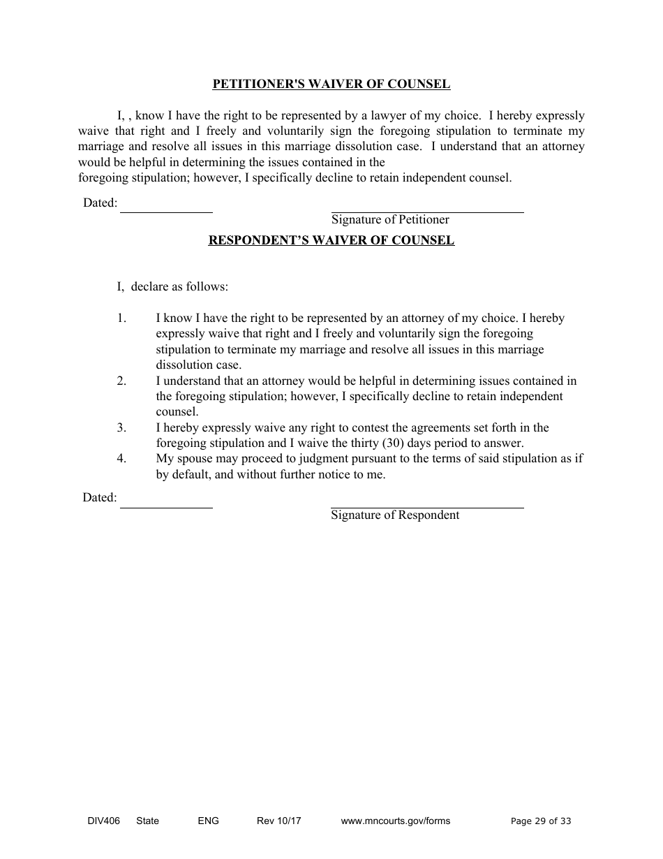 Form DIV406 Stipulated Findings of Fact, Conclusions of Law, Order for Judgment, Judgment and Decree - Minnesota, Page 29