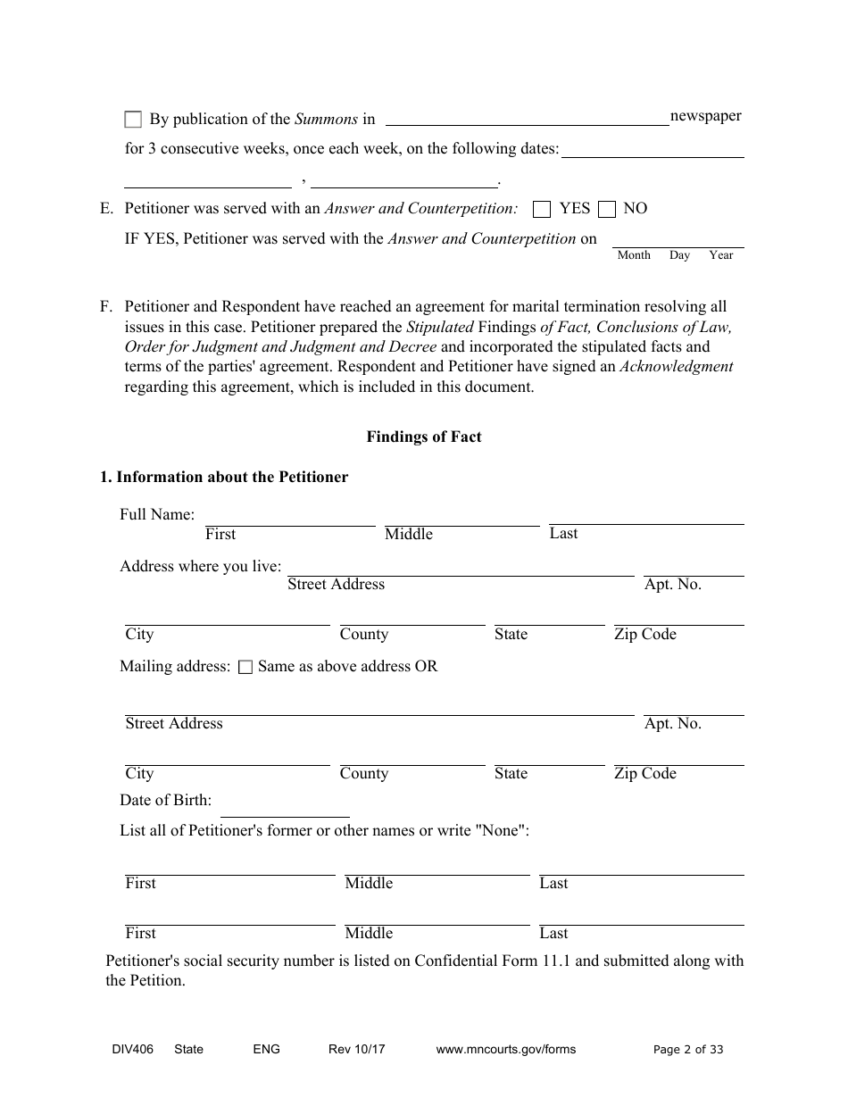 Form DIV406 Stipulated Findings of Fact, Conclusions of Law, Order for Judgment, Judgment and Decree - Minnesota, Page 2