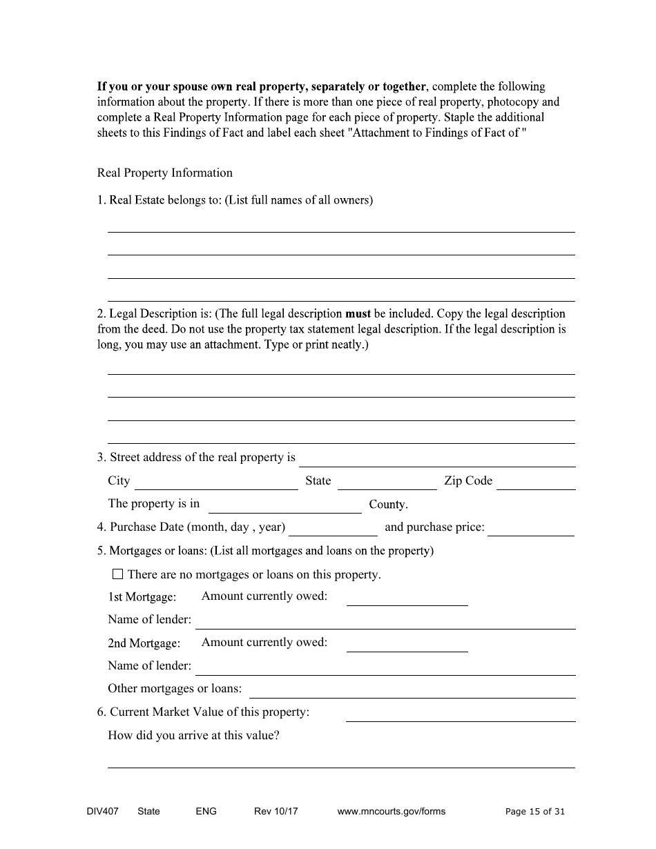 Form DIV407 Findings of Fact, Conclusions of Law, Order for Judgment, Judgment and Decree - Minnesota, Page 15