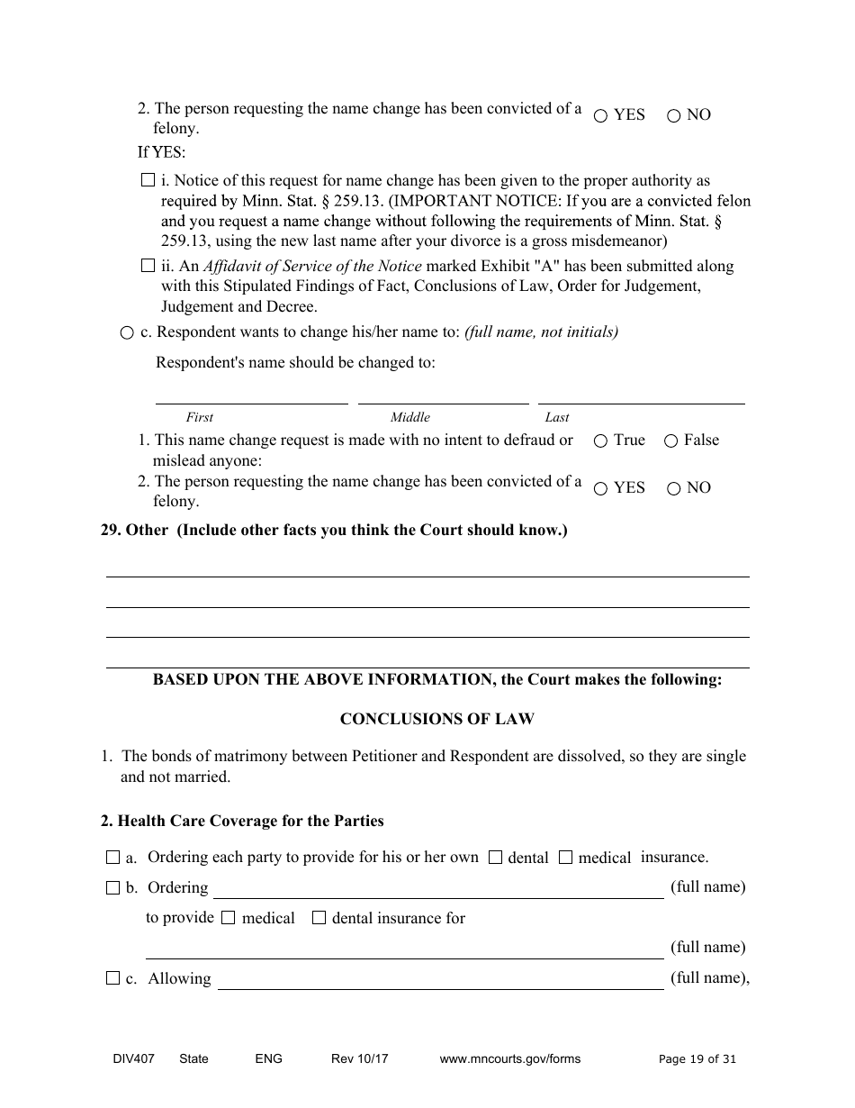 Form DIV407 Findings of Fact, Conclusions of Law, Order for Judgment, Judgment and Decree - Minnesota, Page 19