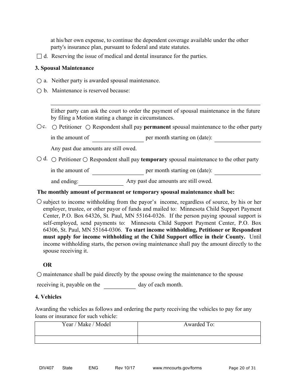 Form DIV407 Findings of Fact, Conclusions of Law, Order for Judgment, Judgment and Decree - Minnesota, Page 20