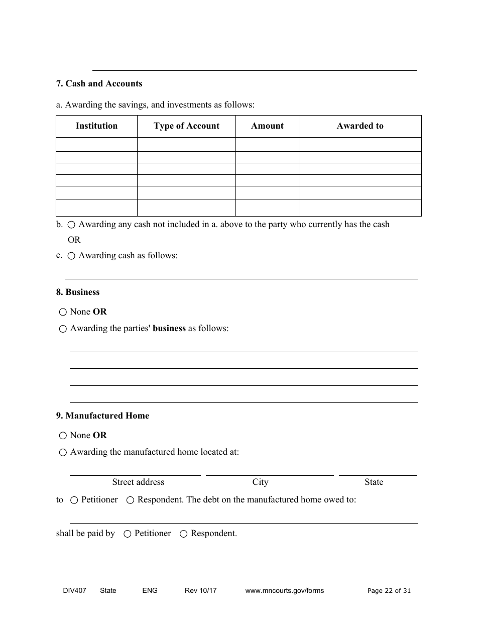 Form DIV407 Findings of Fact, Conclusions of Law, Order for Judgment, Judgment and Decree - Minnesota, Page 22