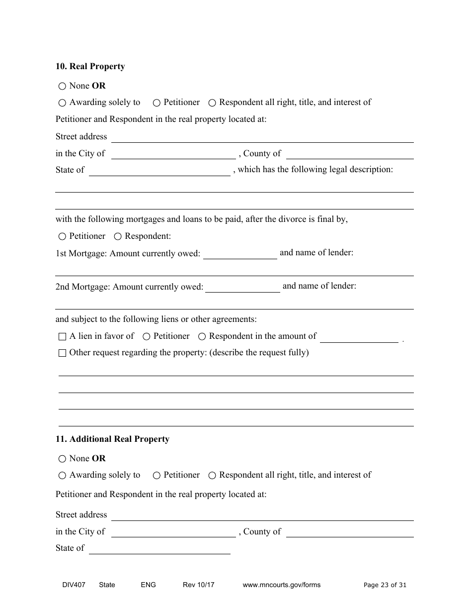 Form DIV407 Findings of Fact, Conclusions of Law, Order for Judgment, Judgment and Decree - Minnesota, Page 23