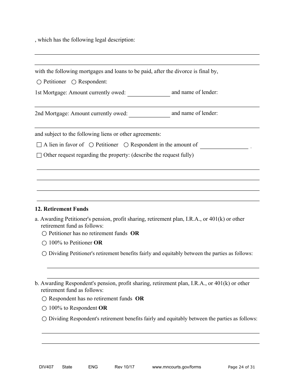 Form DIV407 Findings of Fact, Conclusions of Law, Order for Judgment, Judgment and Decree - Minnesota, Page 24