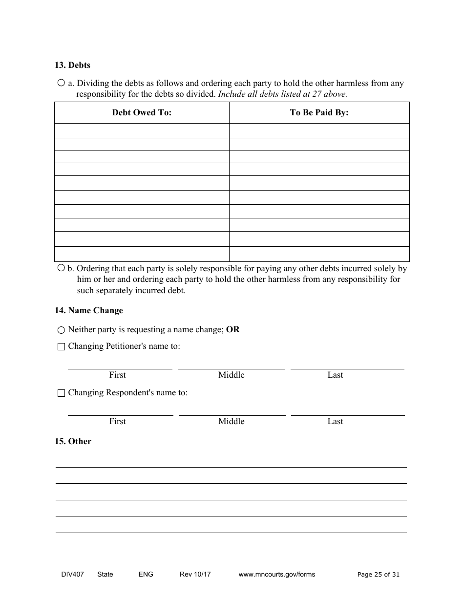 Form DIV407 Findings of Fact, Conclusions of Law, Order for Judgment, Judgment and Decree - Minnesota, Page 25